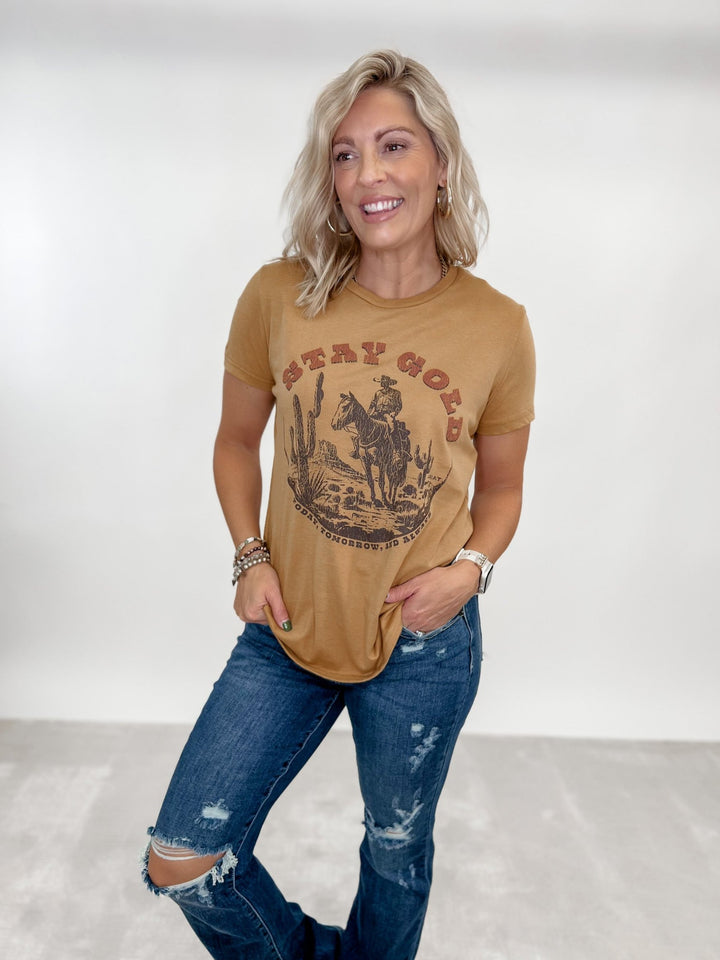 Ariat Womens Stay Gold Boyfriend Fit T-Shirt, Harvest Gold