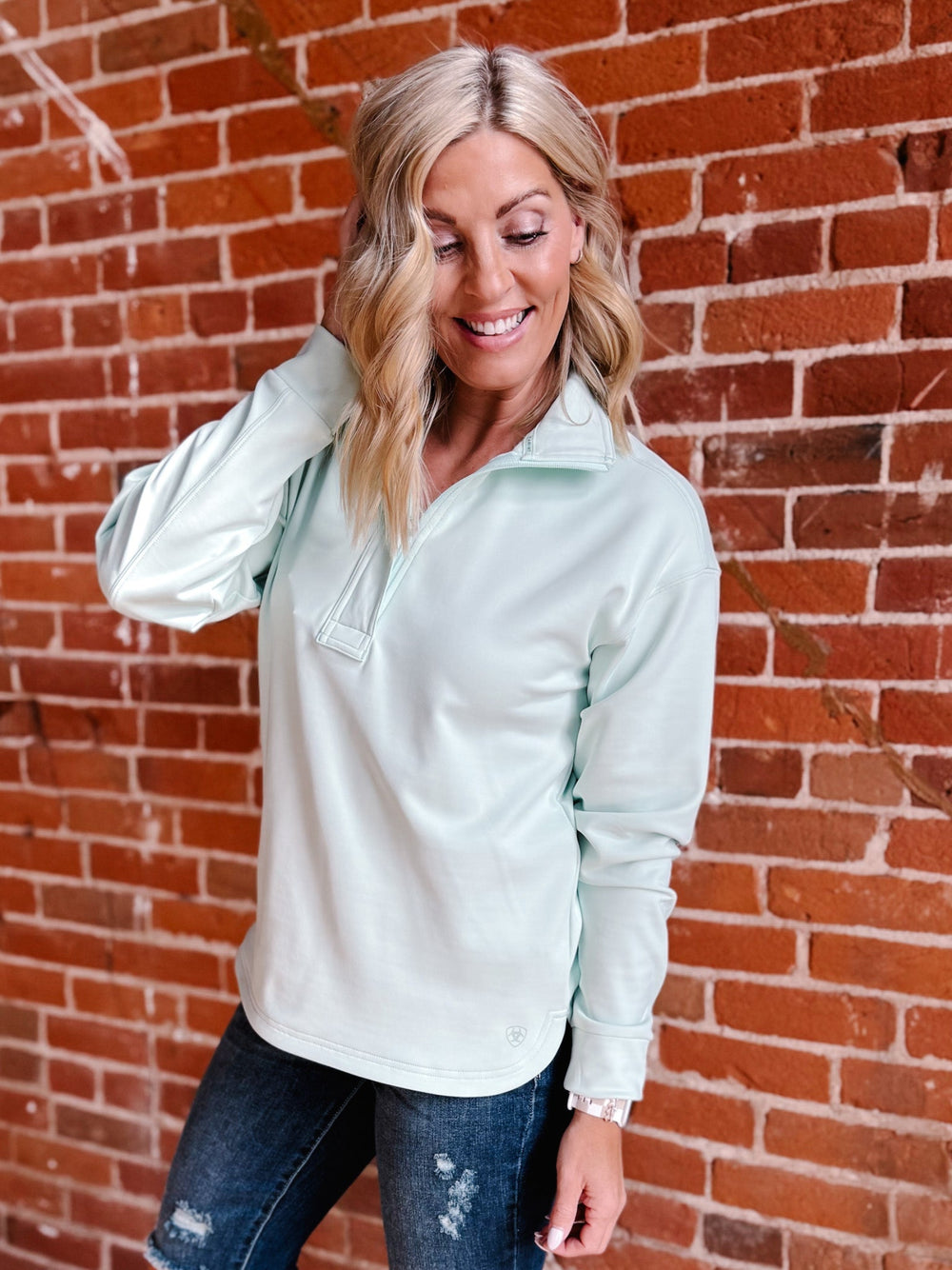 Ariat Breeze Logo 12 Zip Sweatshirt. Dusty Aqua