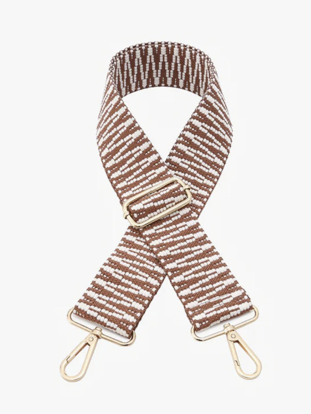 A woven fabric shoulder strap with a brown and white striped pattern and gold-tone metal hardware, shown on a light gray background.