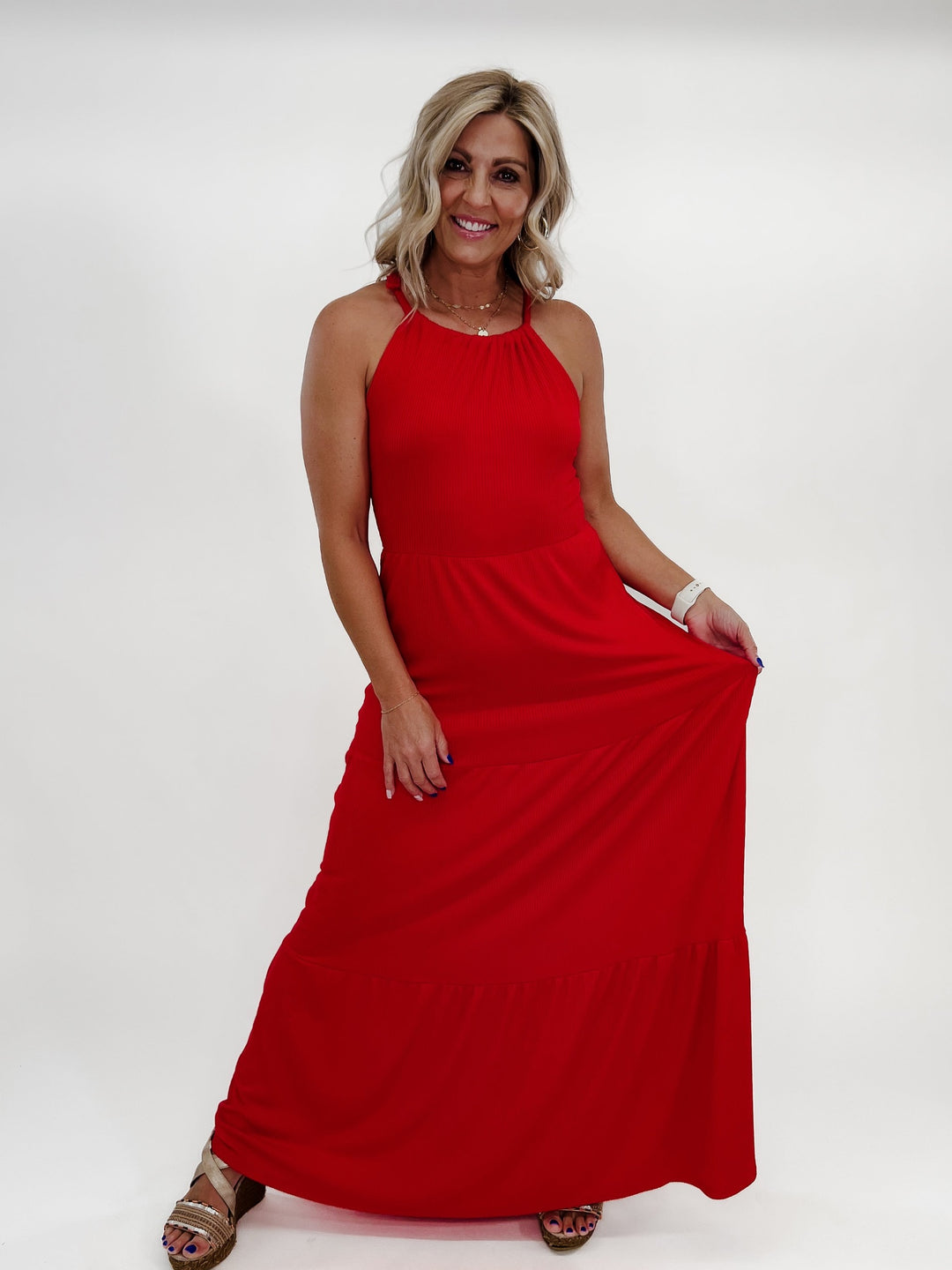 Marian Halter Neck Shirring Maxi Dress, Red