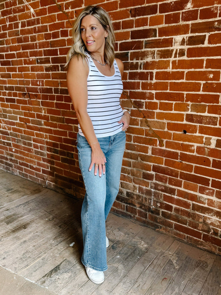 Be Classic Striped Seamless Ribbed Tank with Built in Bra, White/Black