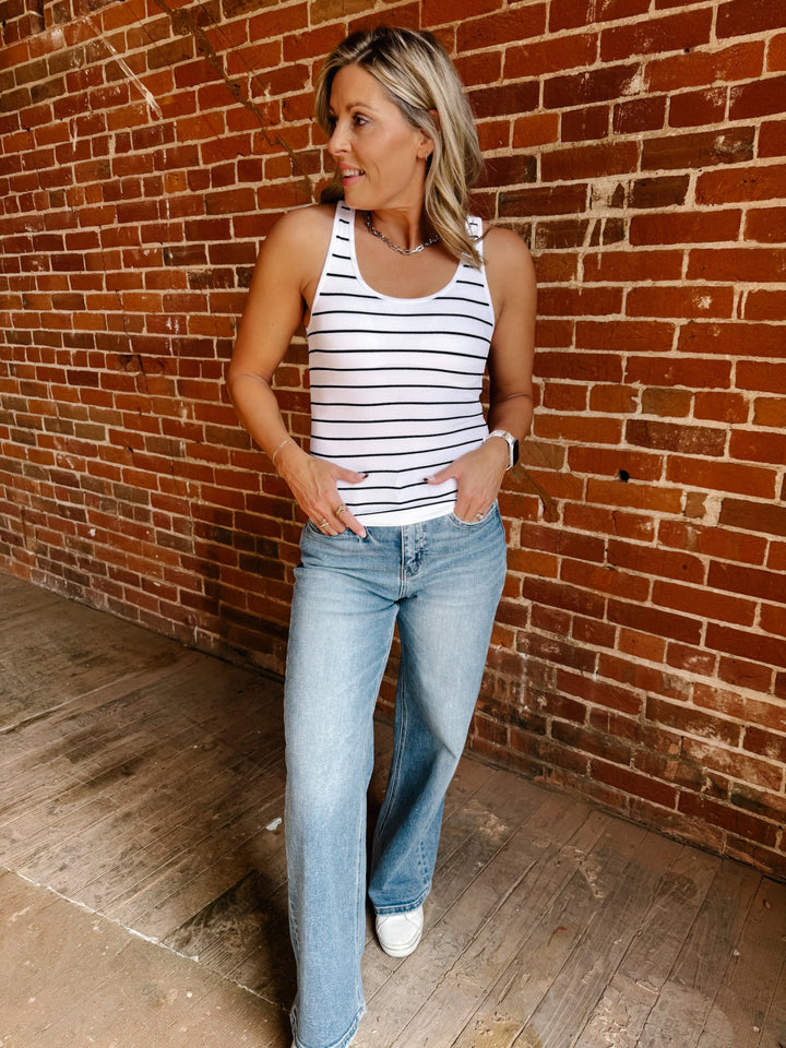 Be Classic Striped Seamless Ribbed Tank with Built in Bra, White/Black