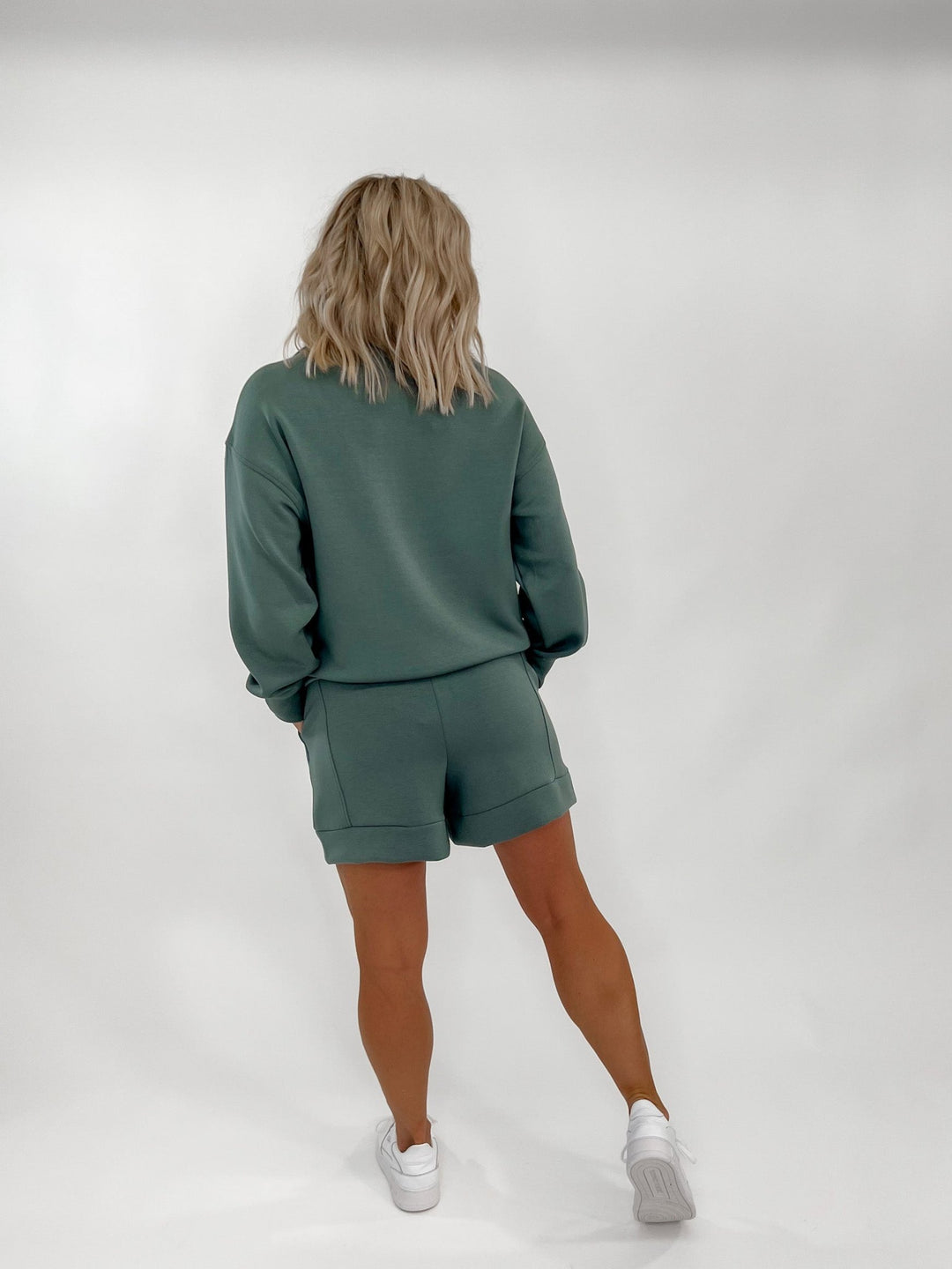 Beat These Pleated Scuba Shorts, Sage Leaf