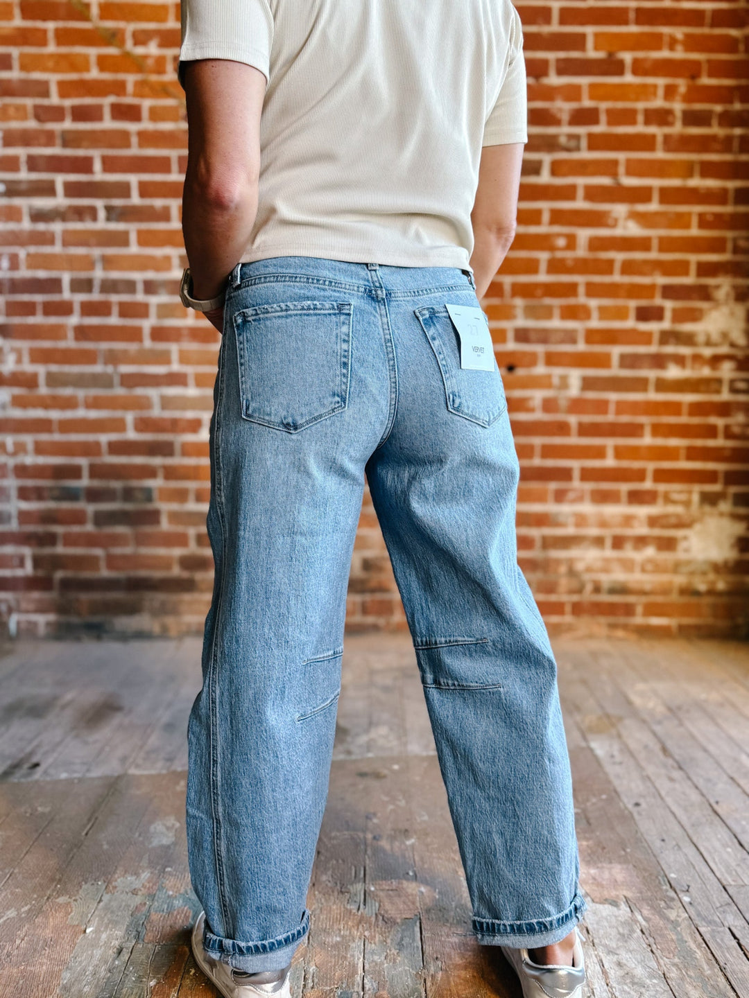 Bent on Denim High Rise Barrel Jeans, Medium Wash