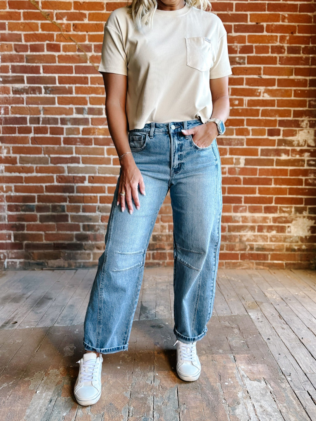 Bent on Denim High Rise Barrel Jeans, Medium Wash