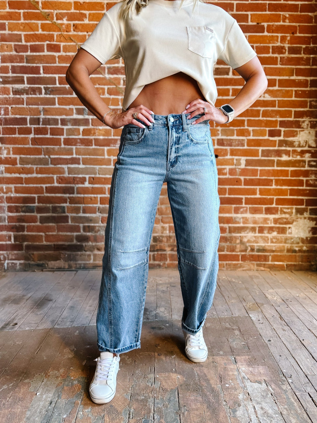 Bent on Denim High Rise Barrel Jeans, Medium Wash