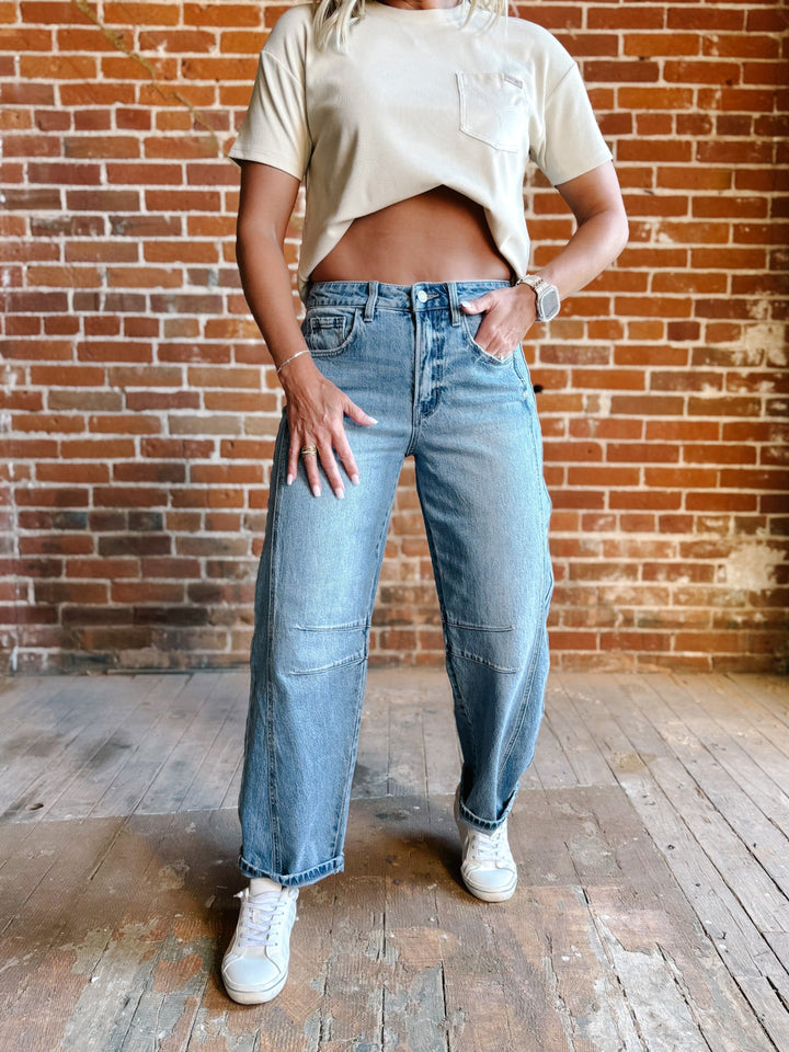 Bent on Denim High Rise Barrel Jeans, Medium Wash