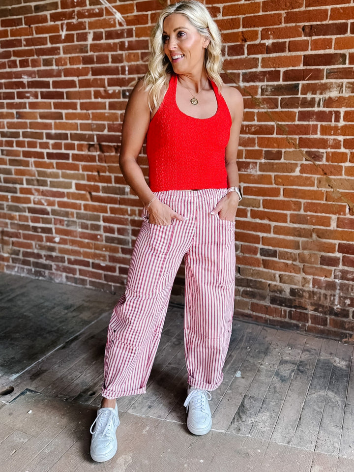 Berry Breeze Stripe Utility Pant, Red