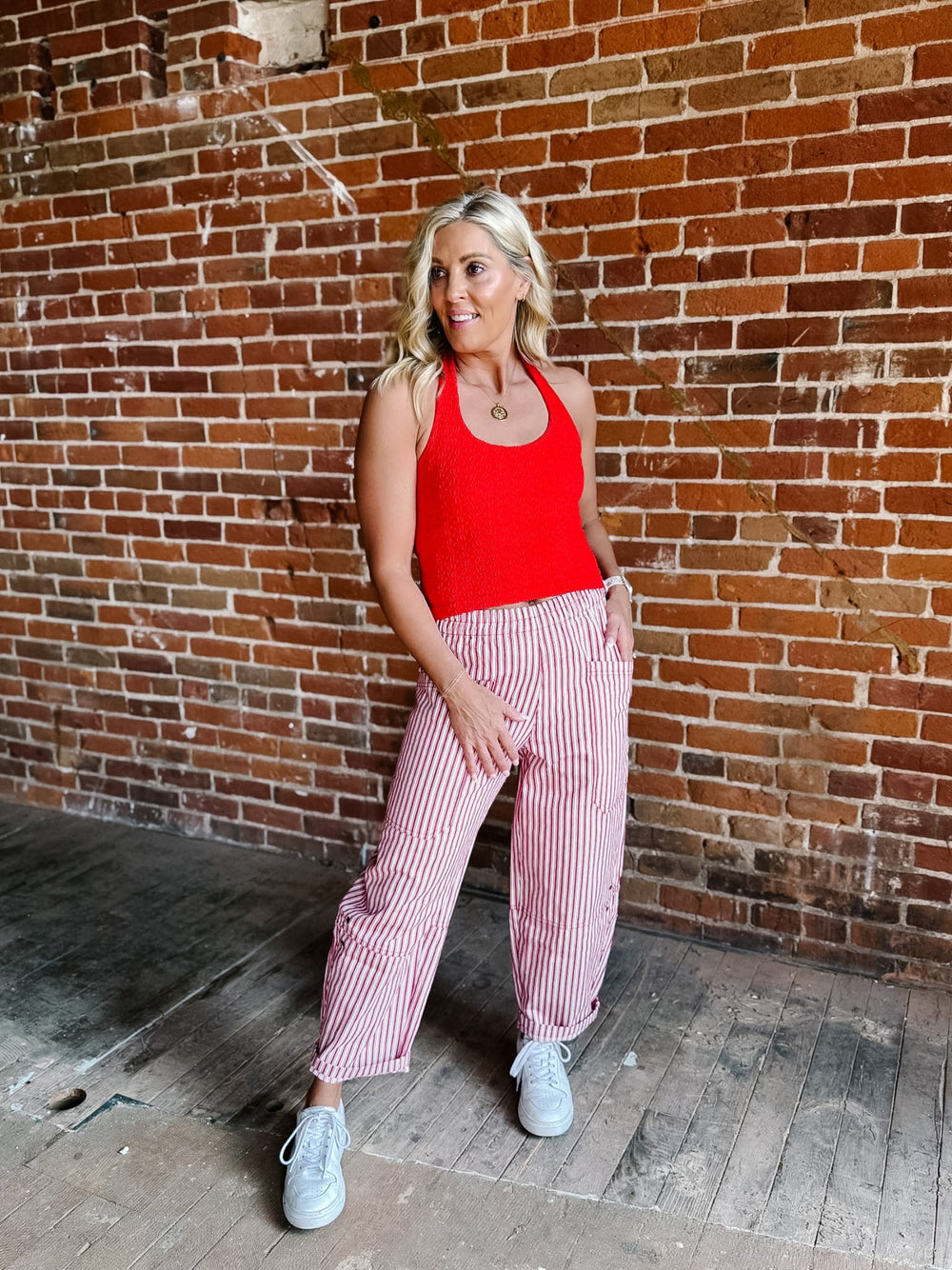 Berry Breeze Stripe Utility Pant, Red