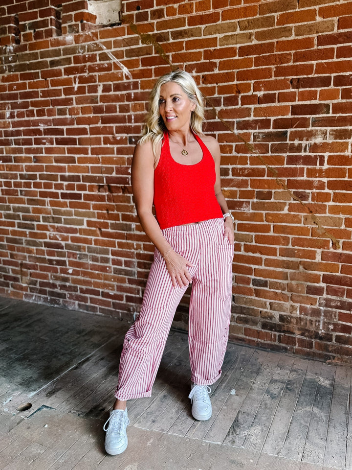 Berry Breeze Stripe Utility Pant, Red