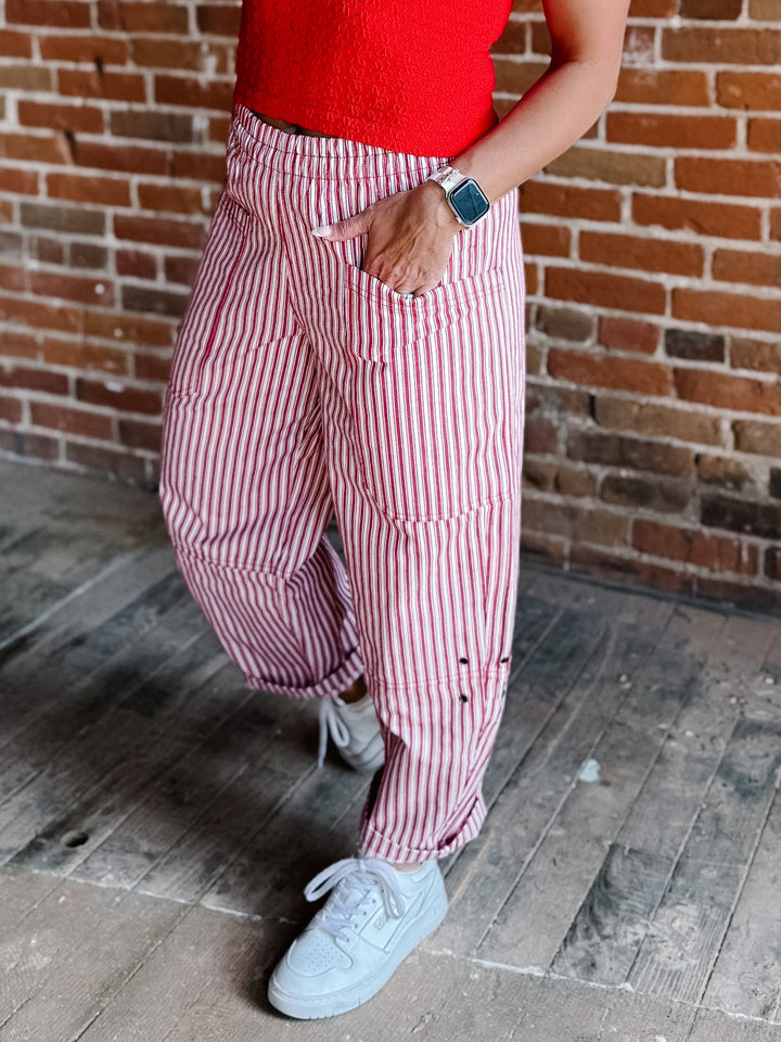 Berry Breeze Stripe Utility Pant, Red