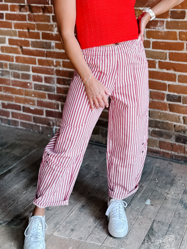 Berry Breeze Stripe Utility Pant, Red