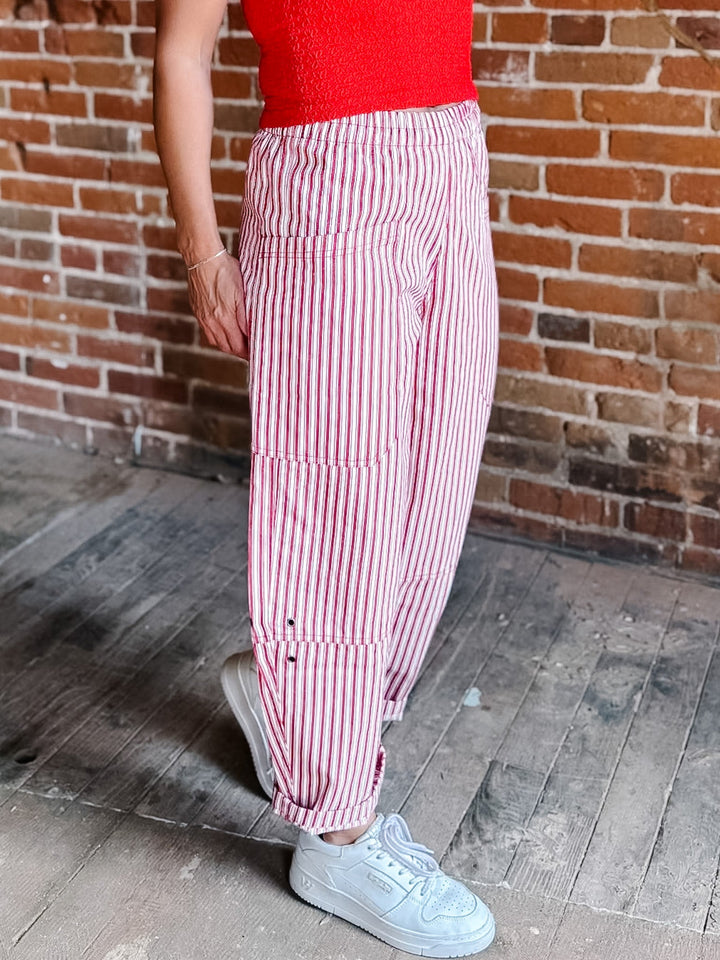 Berry Breeze Stripe Utility Pant, Red