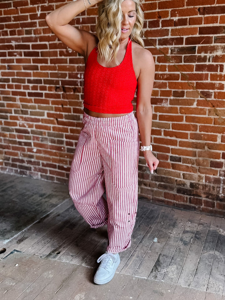 Berry Breeze Stripe Utility Pant, Red