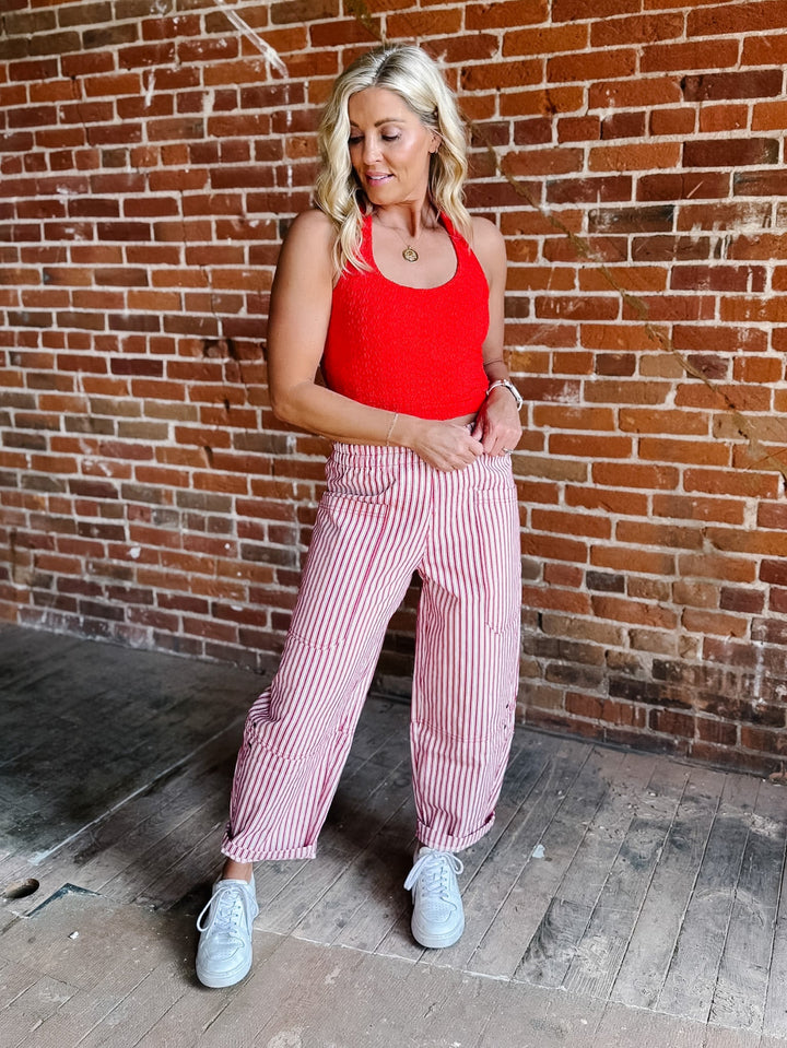 Berry Breeze Stripe Utility Pant, Red