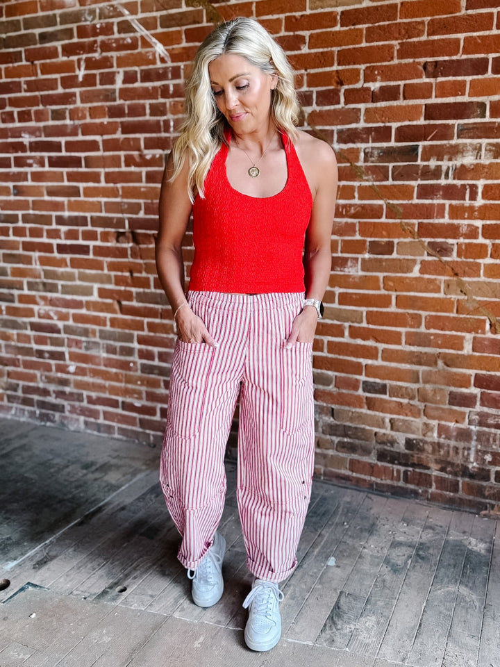 Berry Breeze Stripe Utility Pant, Red