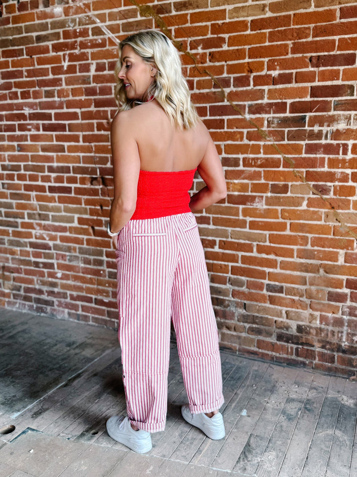 Berry Breeze Stripe Utility Pant, Red