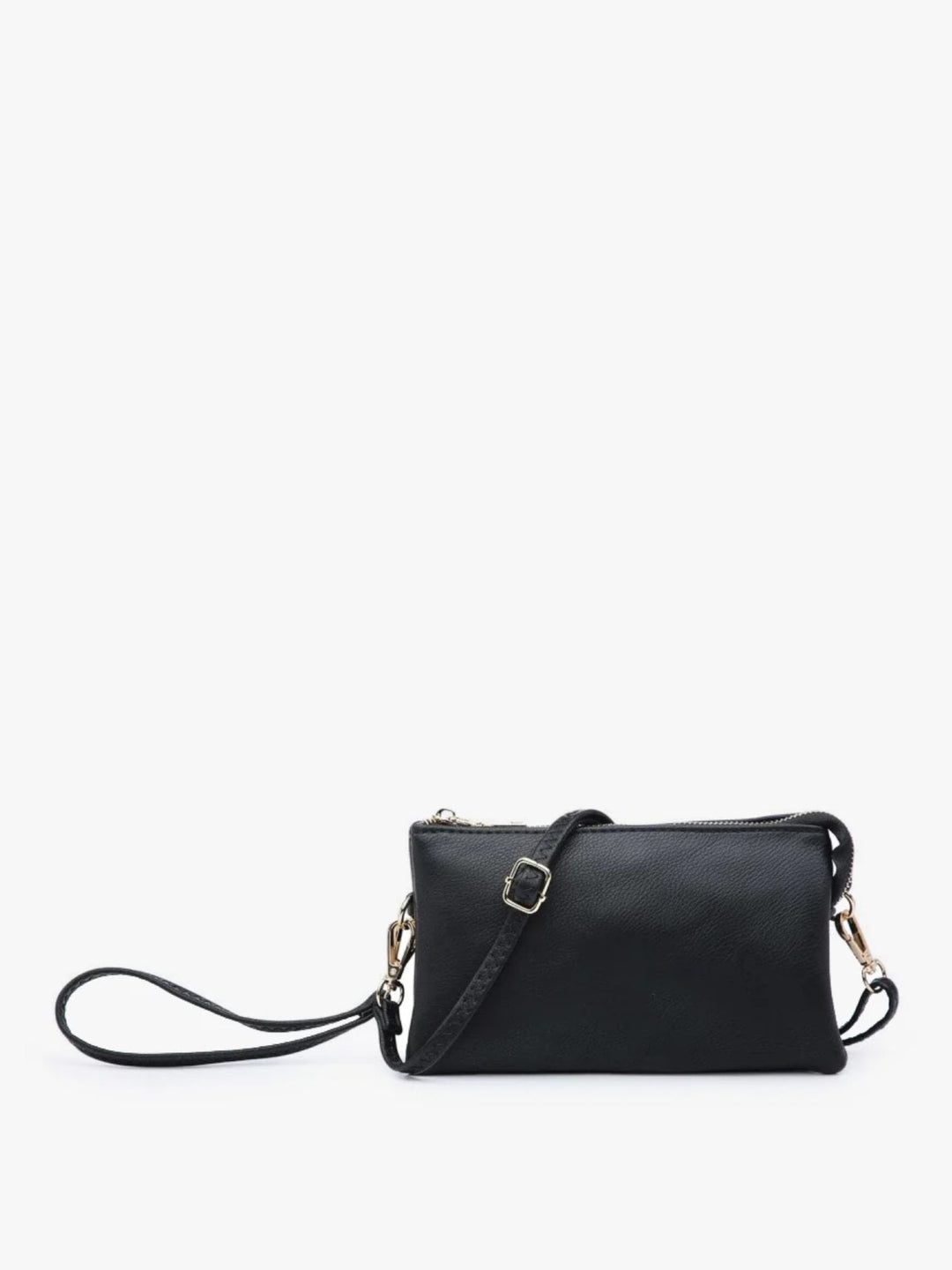 A black leather crossbody clutch bag with a top zipper, a small buckle detail, and a matching black strap, shown against a plain white background.
