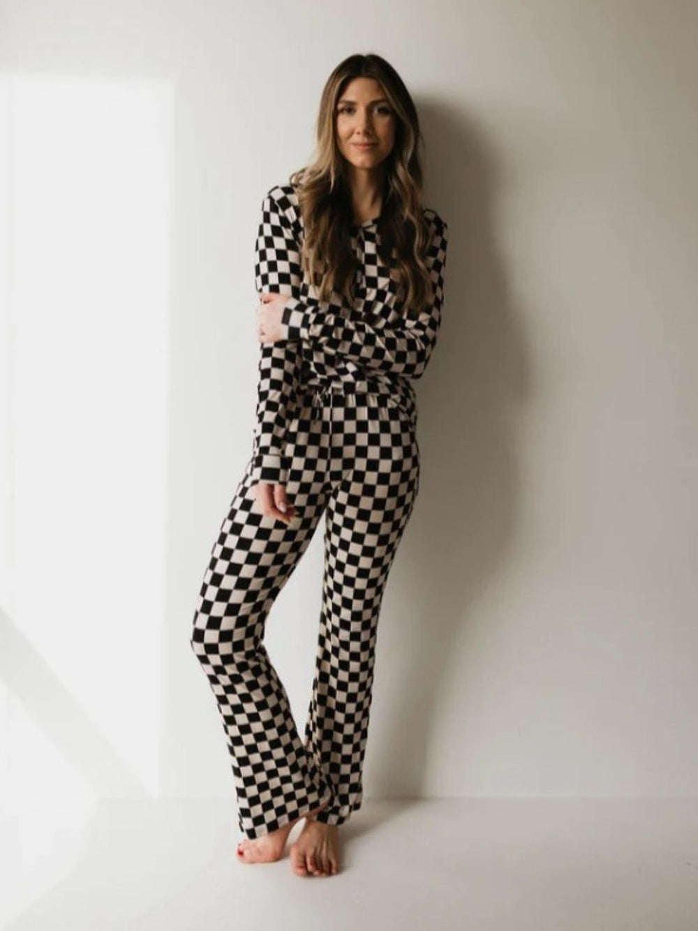 Forever French Baby Women;s Bamboo Pajamas, Black Checkerboard