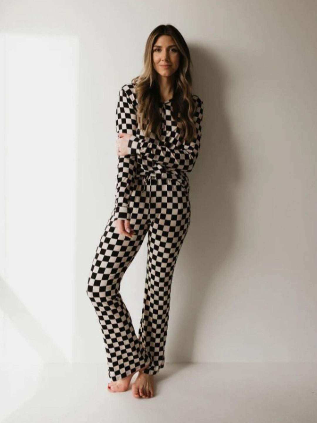 Forever French Baby Women;s Bamboo Pajamas, Black Checkerboard