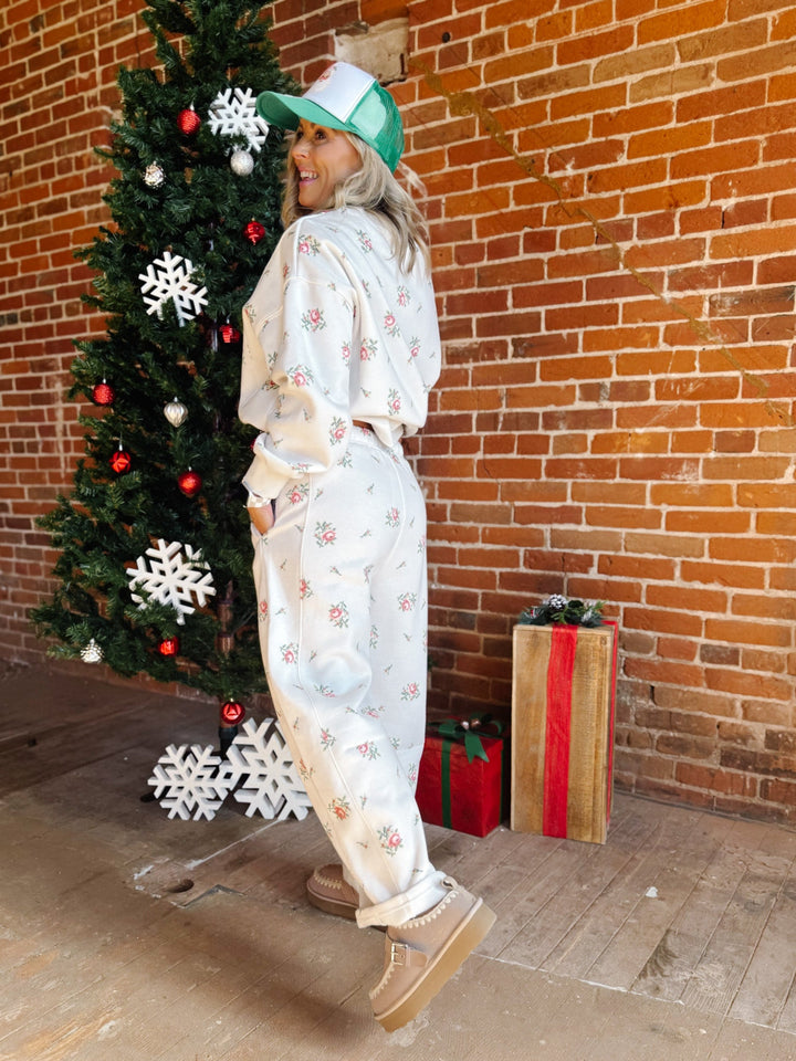 Bloom Floral Print Barrel Fleece Terry Pants, Cream