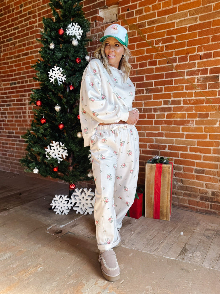 Bloom Floral Print Barrel Fleece Terry Pants, Cream