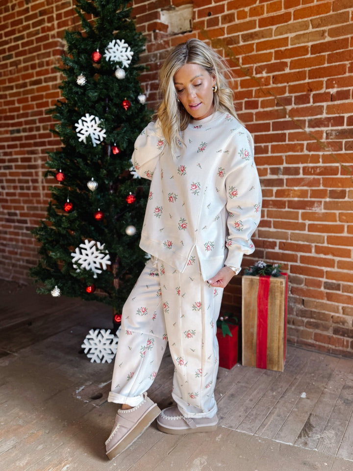 Bloom Floral Print Barrel Fleece Terry Pants, Cream