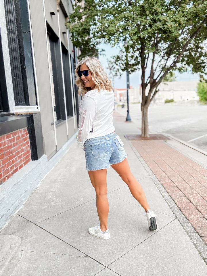 Break Point High Rise Shorts, Light Wash