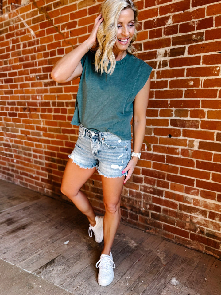 Break Point High Rise Shorts, Light Wash