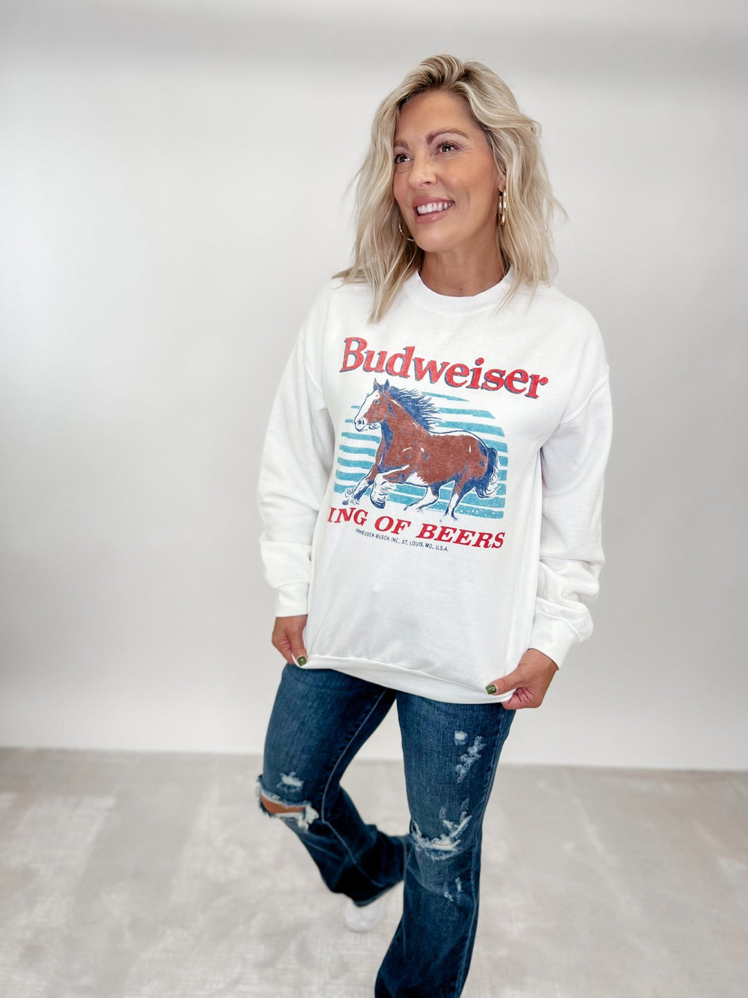 Budweiser Clydesdales Flew Market Crew Sweatshirt, White