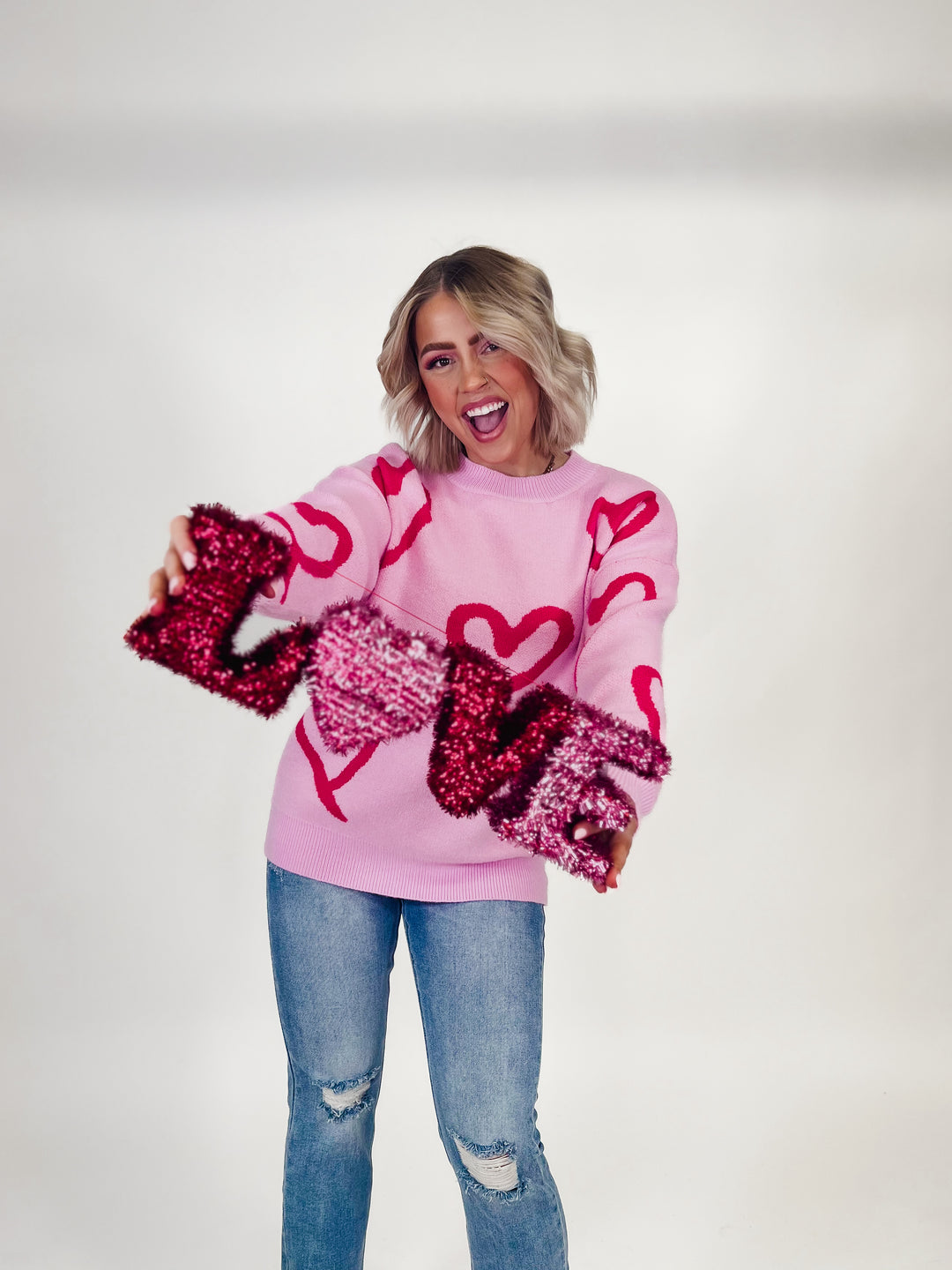 Falling For You Heart Sweater, Pink