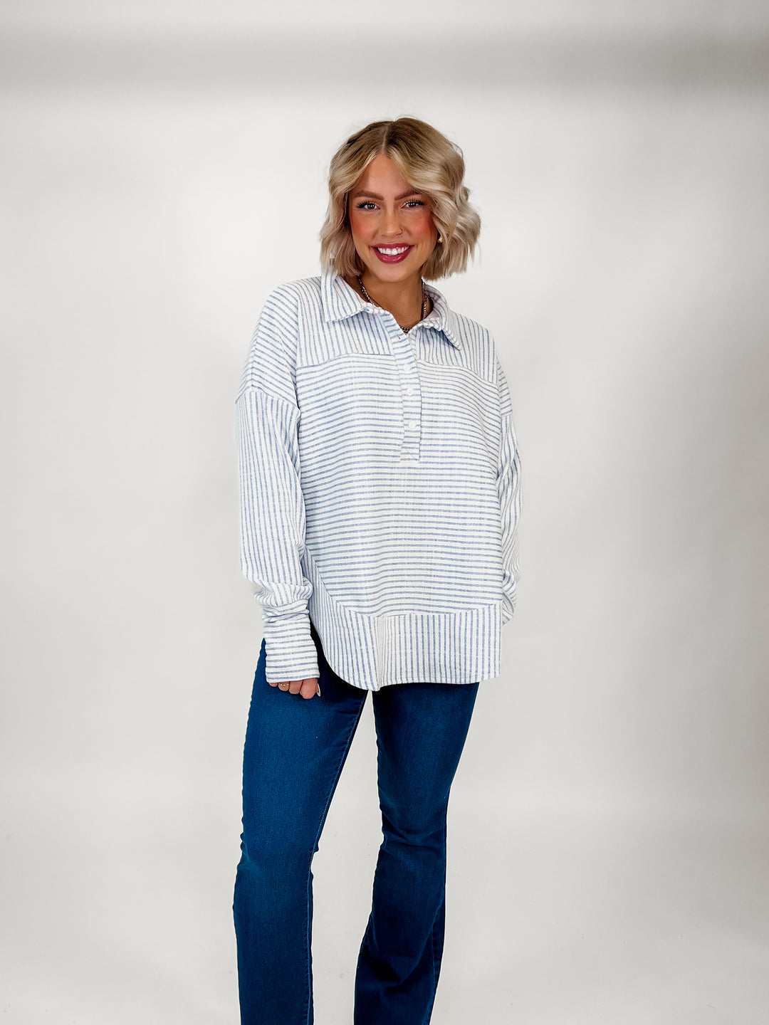 Heart Strings Striped Ribbed Collared Top, Blue