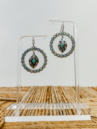 CZ Circle Drop Earrings Featuring a Turquoise Aztec Pendant, Silver