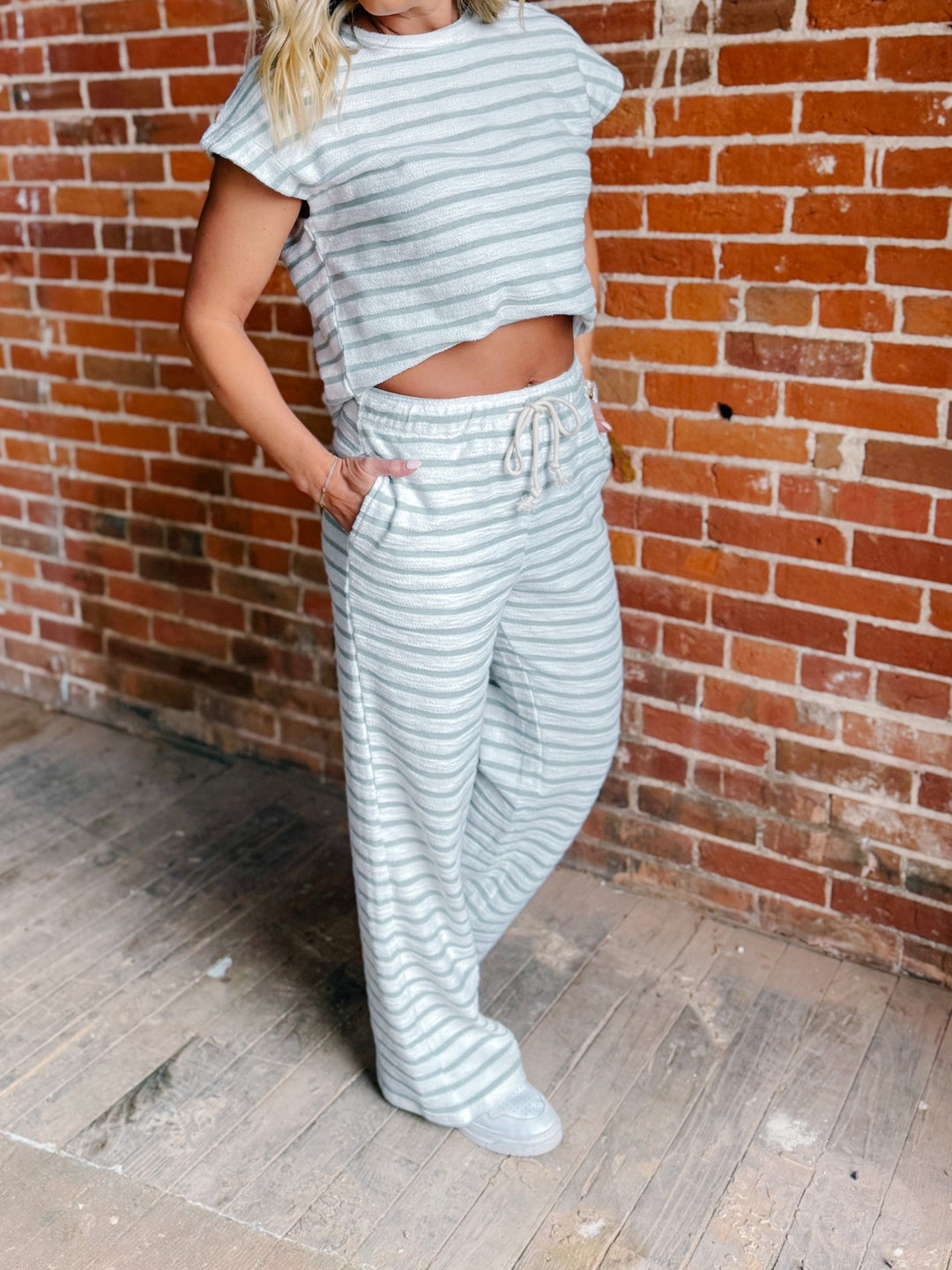 Calm Coast Stripe Wide Leg Pant, Sage Green