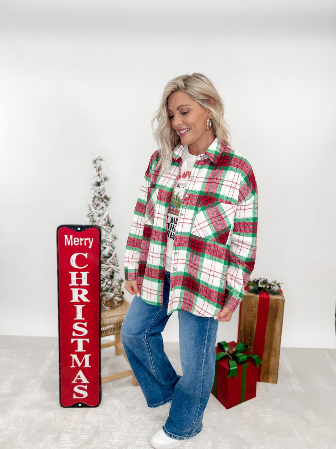 Candy Cane Lane Plaid Shacket, Red/Green