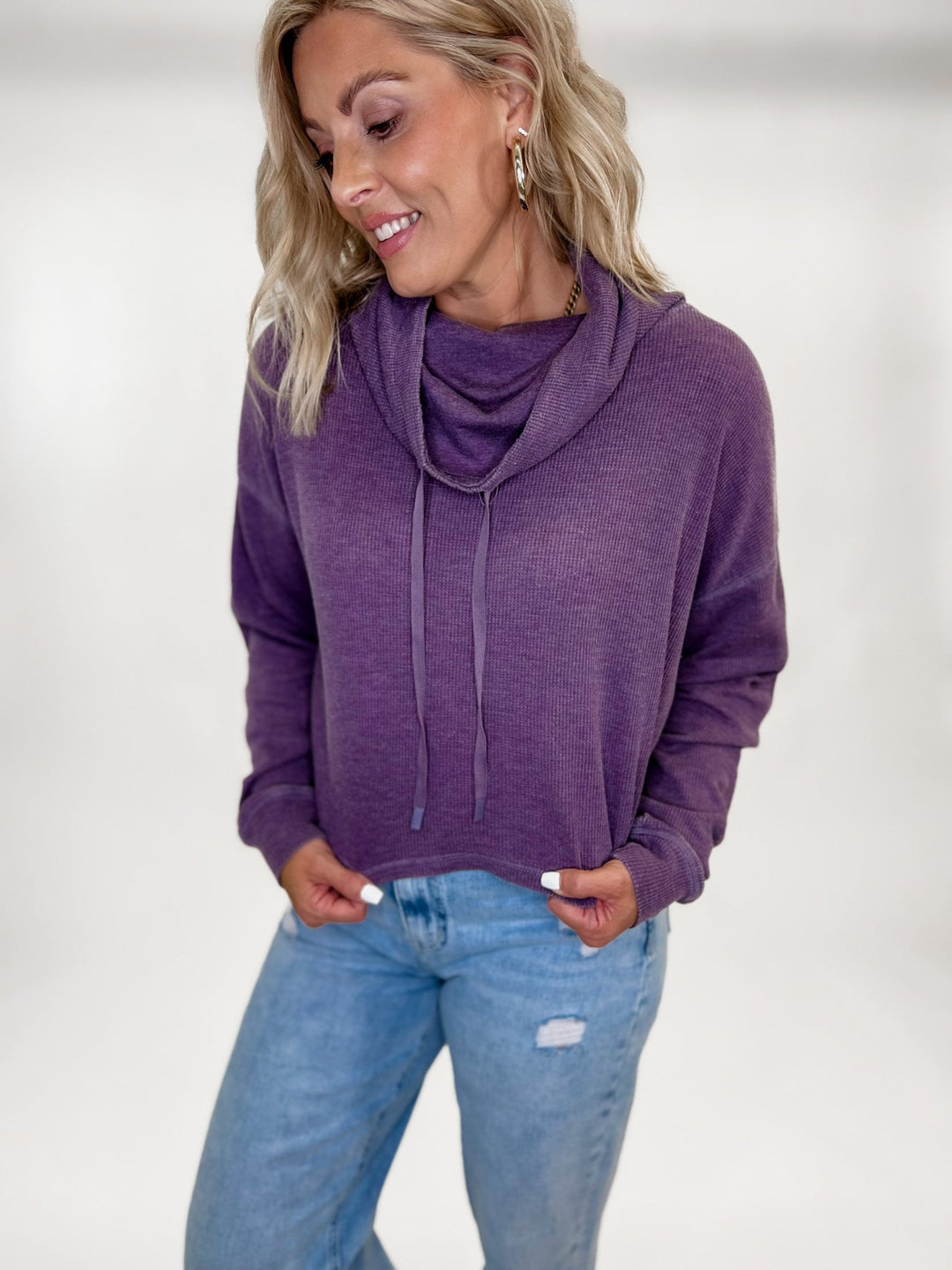 Cary Boxy Mineral Washed Cowl Neck Pullover, Dark Purple