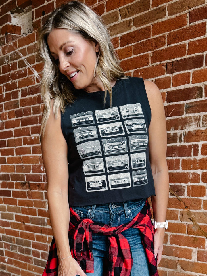 Cassette Tape Muscle Tank, Off Black