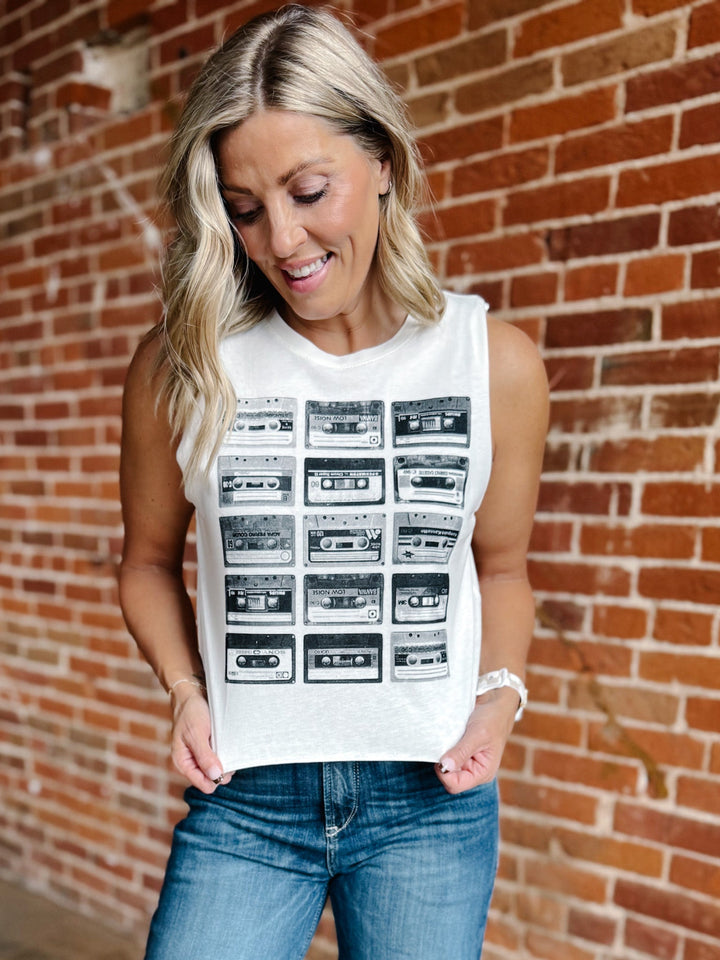 Cassette Tape Muscle Tank, Off White