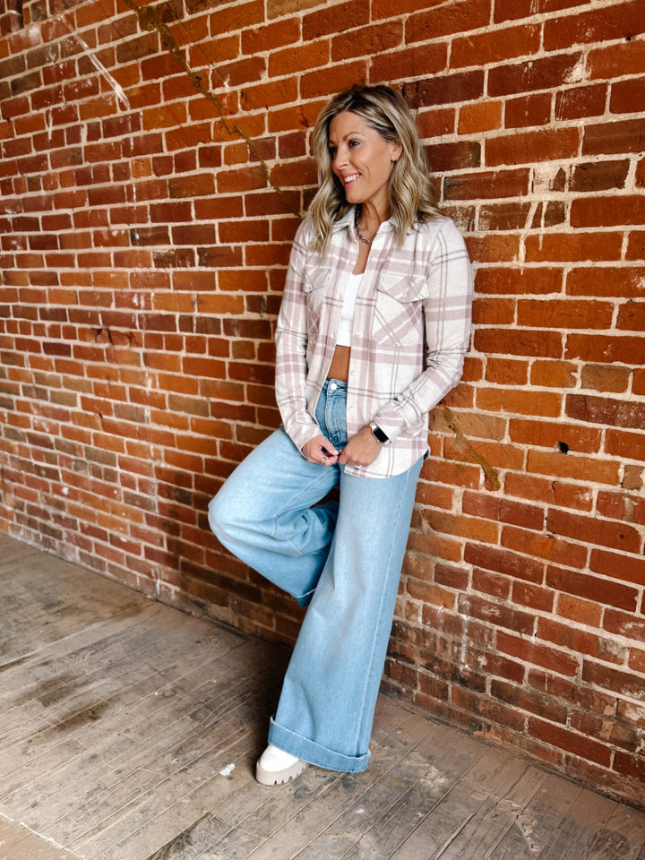 Cassian Plaid Button Up Shirt, Mauve/Tan