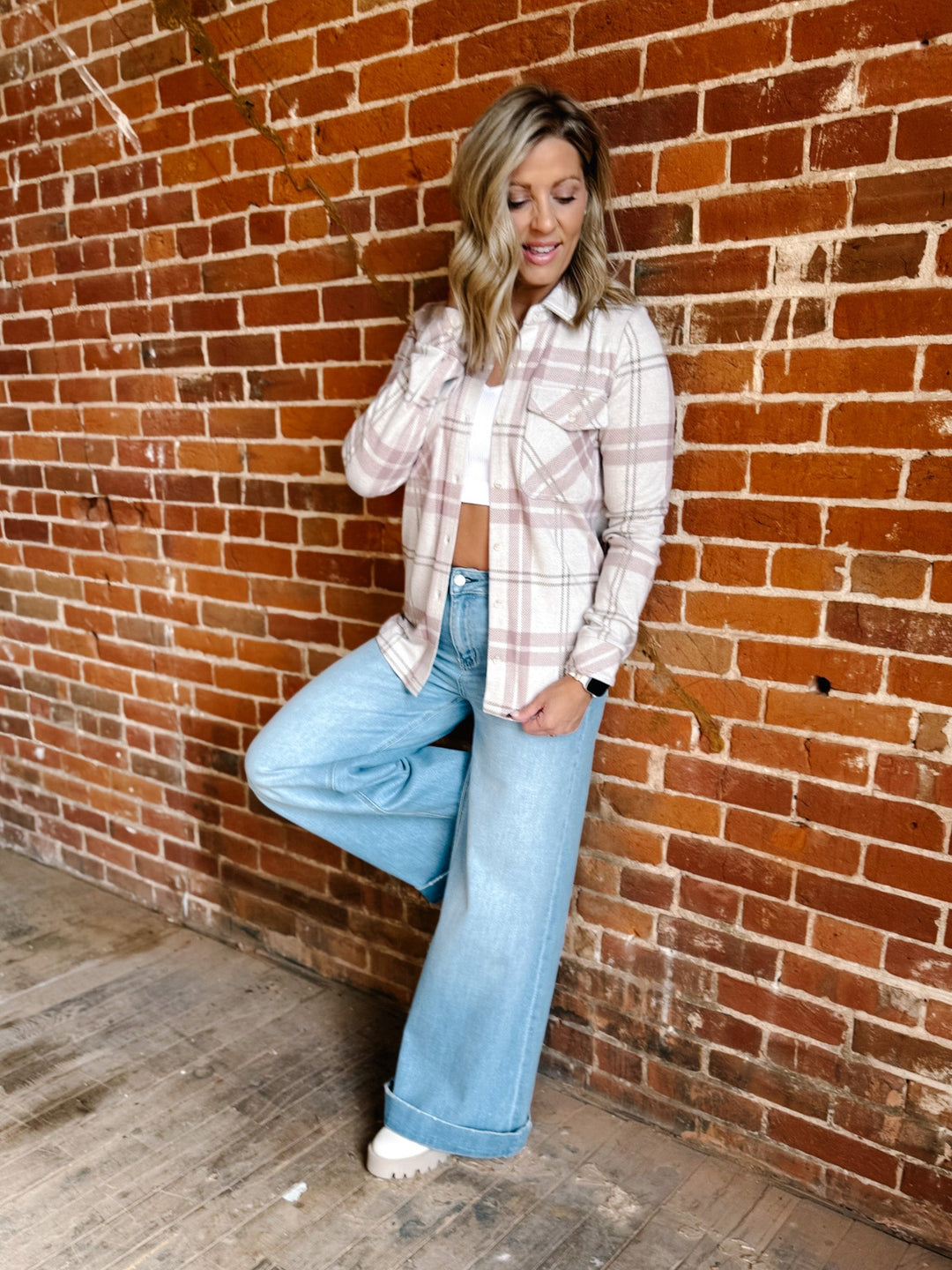 Cassian Plaid Button Up Shirt, Mauve/Tan