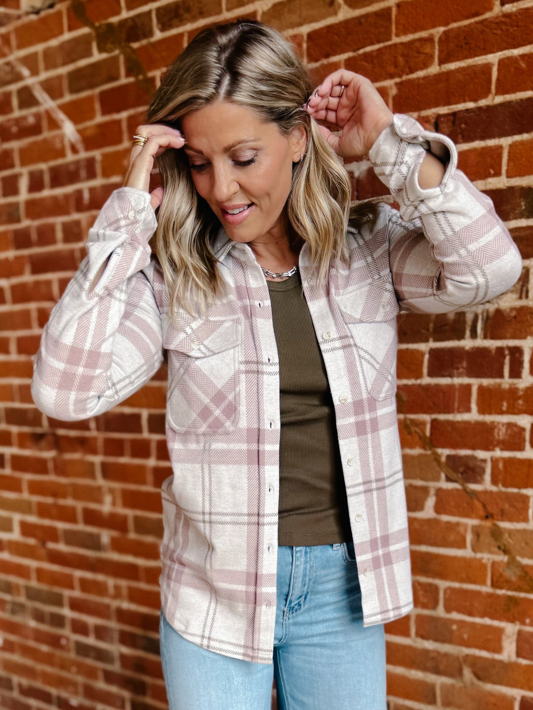 Cassian Plaid Button Up Shirt, Mauve/Tan