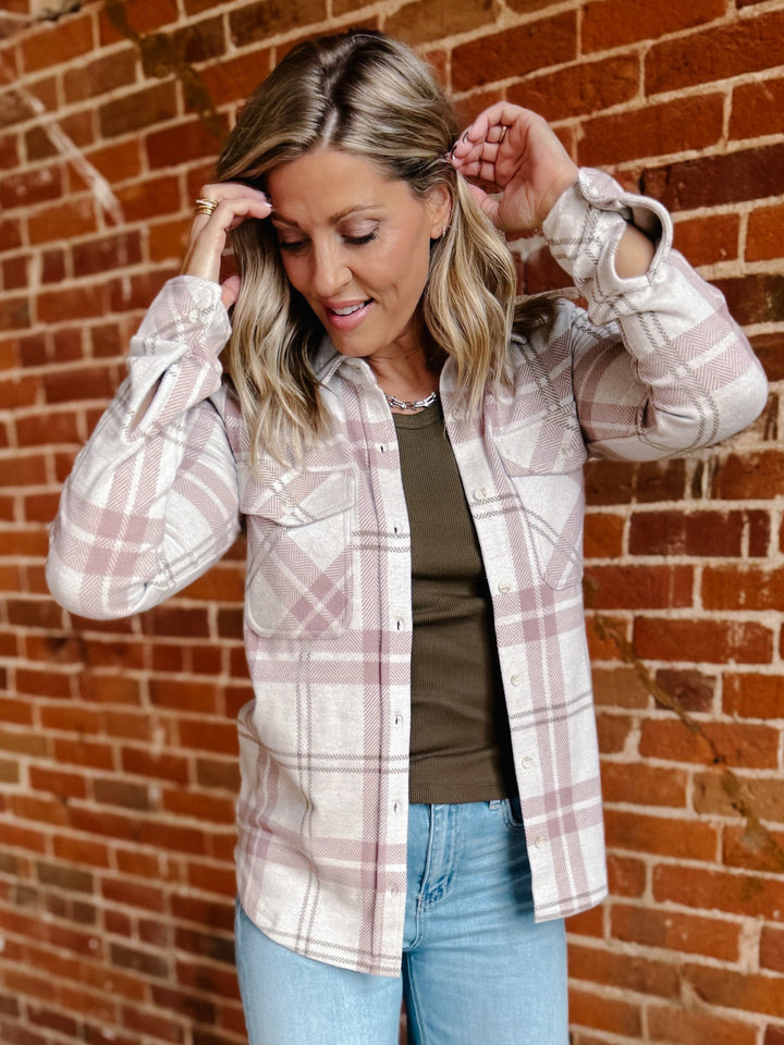 Cassian Plaid Button Up Shirt, Mauve/Tan