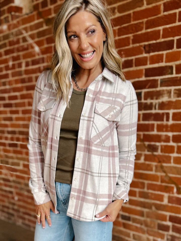 Cassian Plaid Button Up Shirt, Mauve/Tan