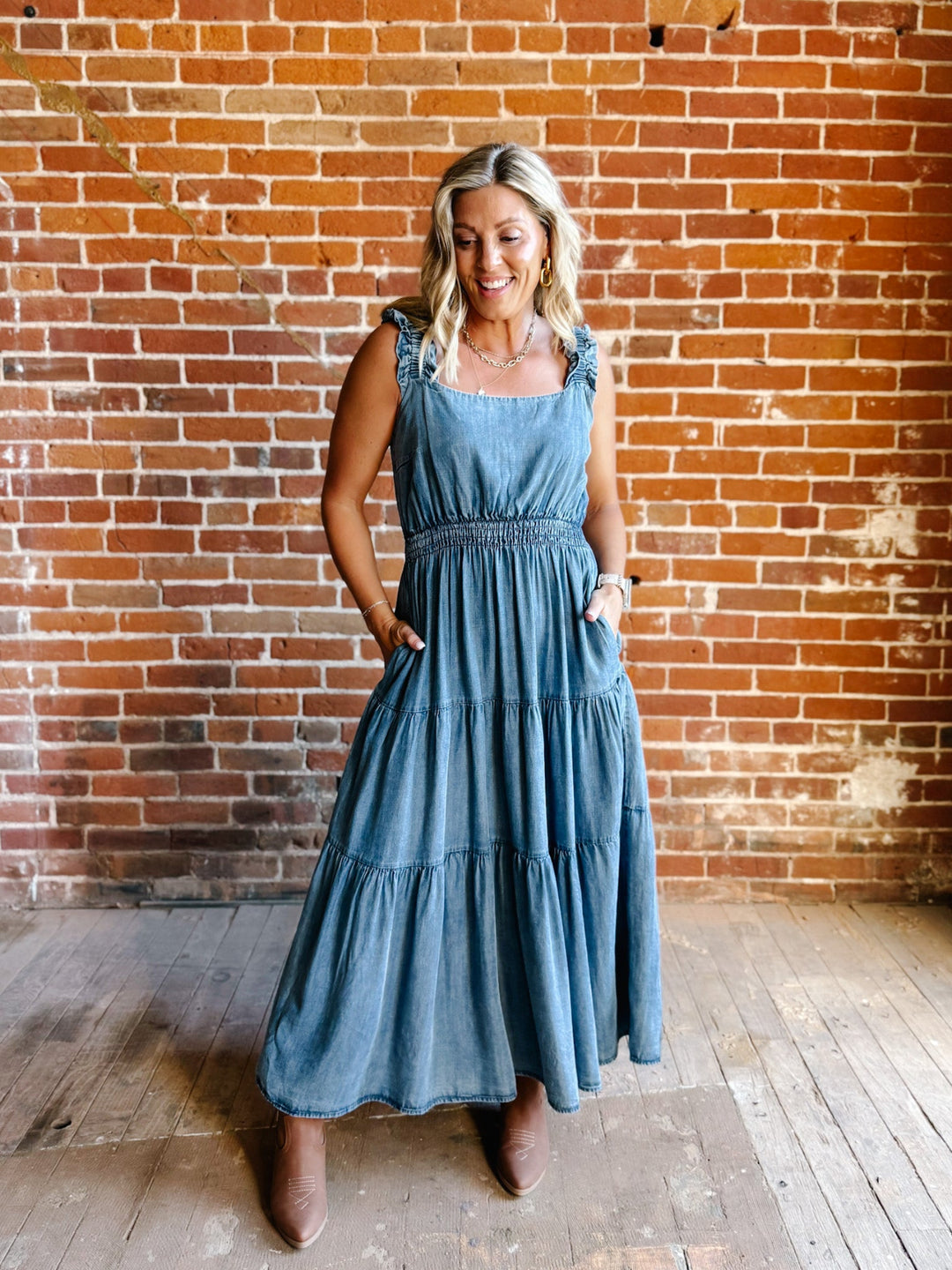 Chambray Daydreamer Tiered Midi Dress, Washed Denim