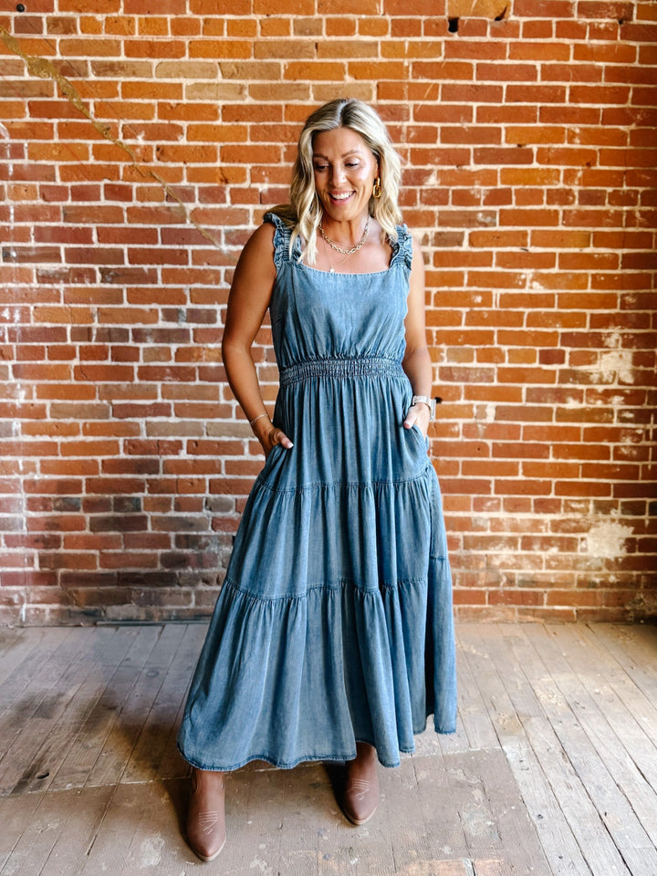 Chambray Daydreamer Tiered Midi Dress, Washed Denim