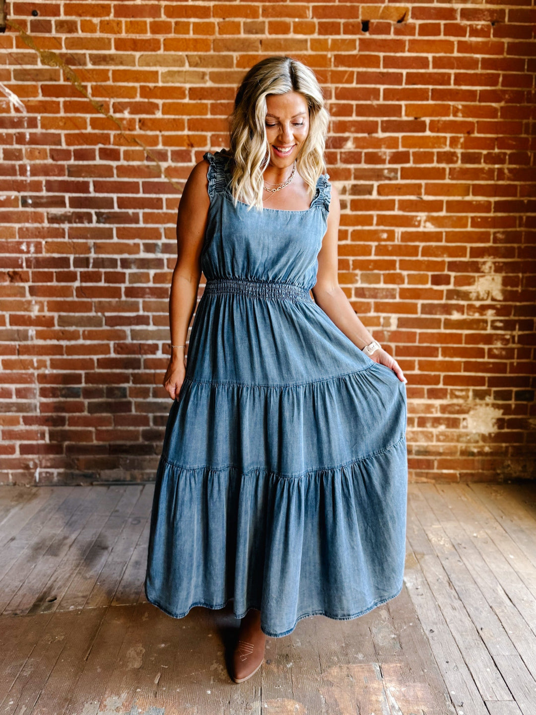 Chambray Daydreamer Tiered Midi Dress, Washed Denim