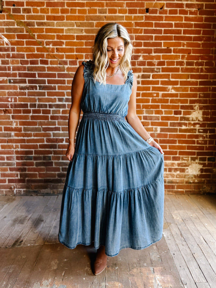 Chambray Daydreamer Tiered Midi Dress, Washed Denim