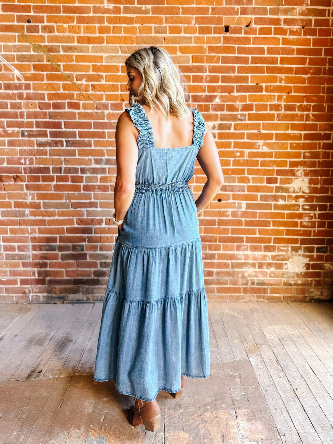 Chambray Daydreamer Tiered Midi Dress, Washed Denim