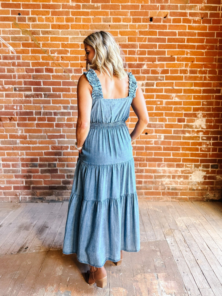 Chambray Daydreamer Tiered Midi Dress, Washed Denim