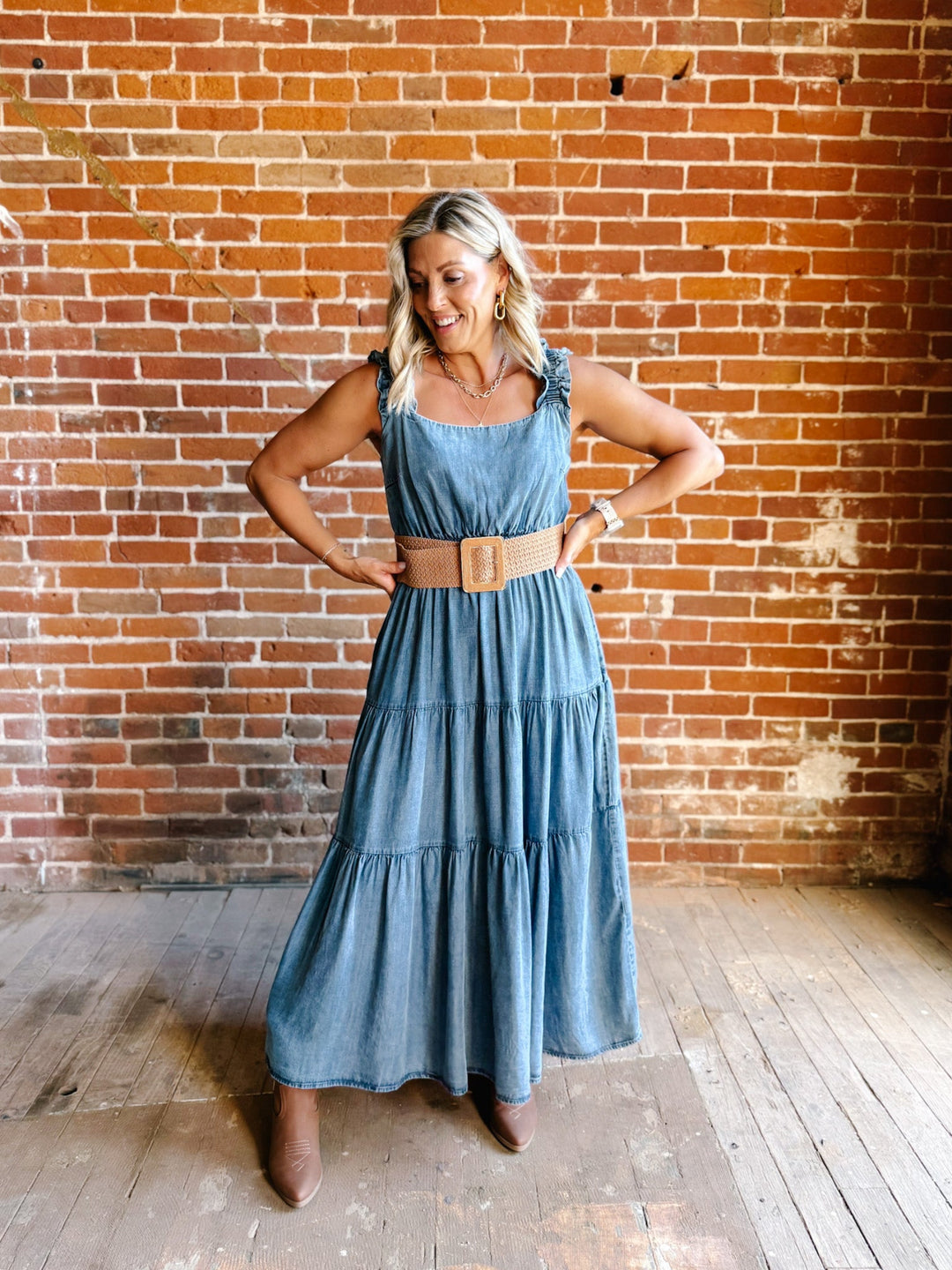 Chambray Daydreamer Tiered Midi Dress, Washed Denim